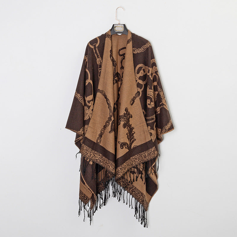 Thick Acrylic Cashmere Cape Long Poncho, Fashion Luxury Jacquard Unisex Travel Winter Shawl
