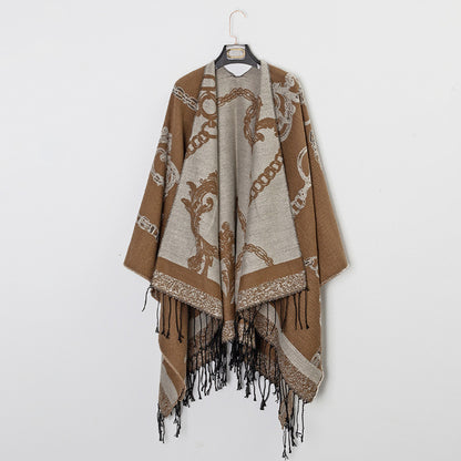 Thick Acrylic Cashmere Cape Long Poncho, Fashion Luxury Jacquard Unisex Travel Winter Shawl