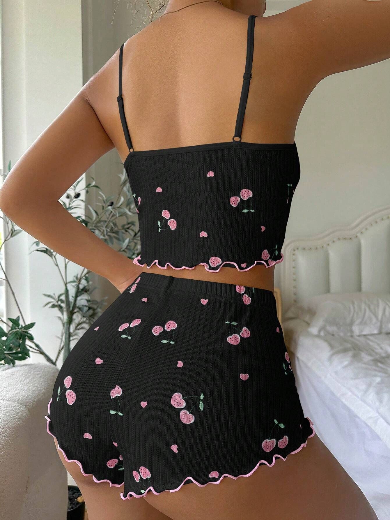 Heart Print Sexy Ribbed Cami Pajama Set with Bow Detail for Women