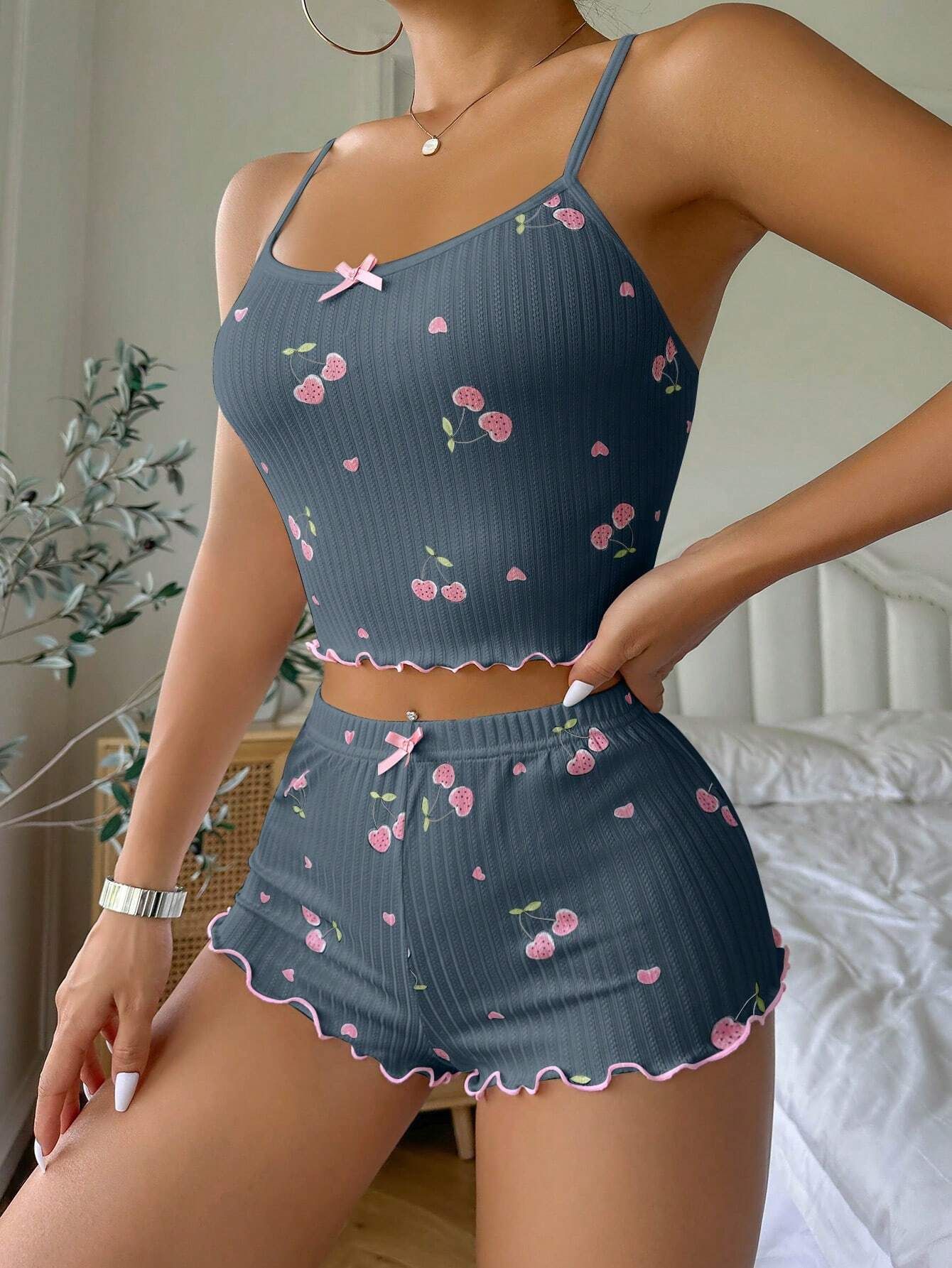 Heart Print Sexy Ribbed Cami Pajama Set with Bow Detail for Women