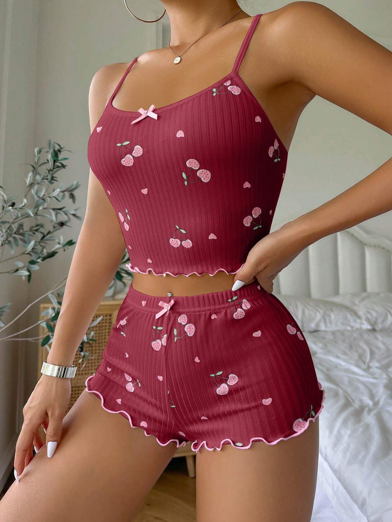 Heart Print Sexy Ribbed Cami Pajama Set with Bow Detail for Women