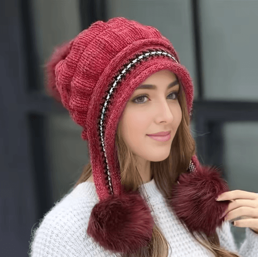Womens Winter Fur Hat Fleece Lined Earflap Knitted Beanie for Cold Weather