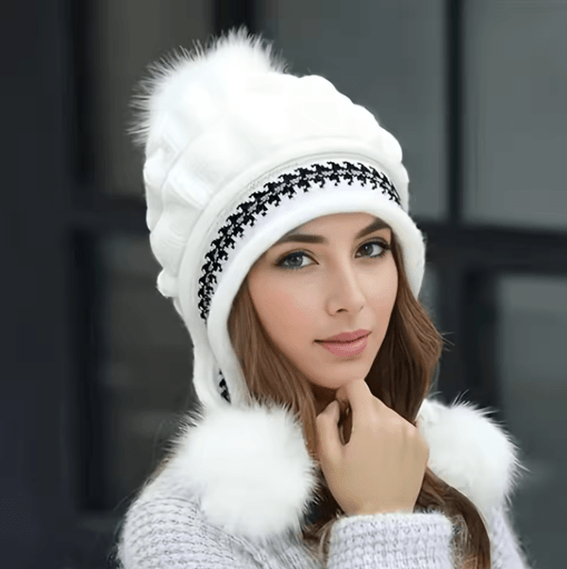 Womens Winter Fur Hat Fleece Lined Earflap Knitted Beanie for Cold Weather