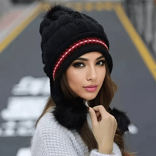 Womens Winter Fur Hat Fleece Lined Earflap Knitted Beanie for Cold Weather