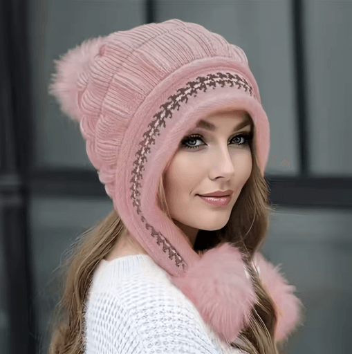 Womens Winter Fur Hat Fleece Lined Earflap Knitted Beanie for Cold Weather