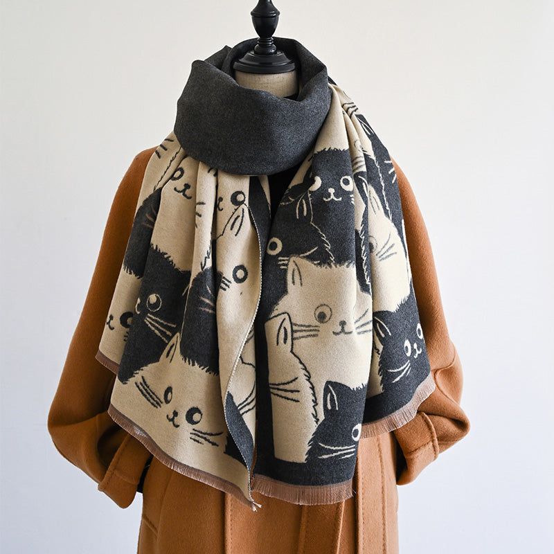 Cute Cat Cashmere Scarf Winter Warm Shawl New Fashion Brand Coldproof Windproof Blanket Scarf for Women
