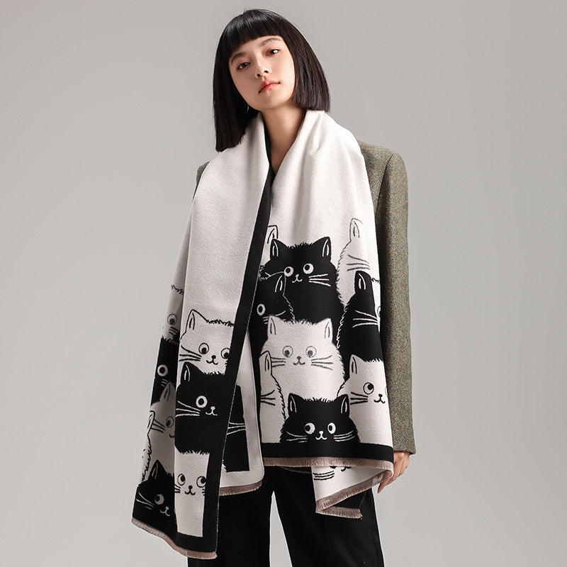 Cute Cat Cashmere Scarf Winter Warm Shawl New Fashion Brand Coldproof Windproof Blanket Scarf for Women
