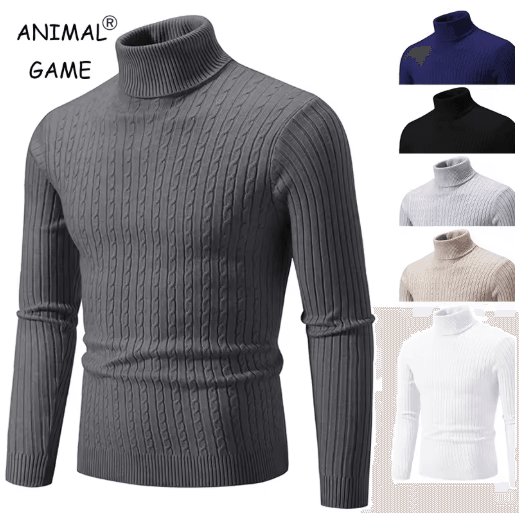 Mens High Neck Knitted Sweater Warm Solid Color Winter Turtleneck Pullover