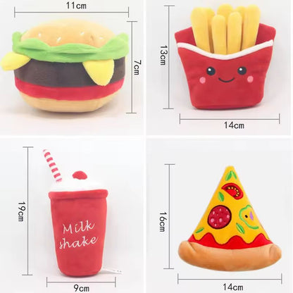 Fast-Food squeaky plush dog toy (Burger, Fries, Pizza, or Milkshake) for Chewing & Play
