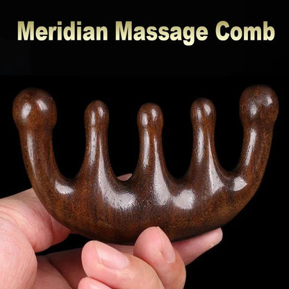 Sandalwood Meridian Massage Comb – Five-Tooth Acupuncture Scalp Comb for Blood Circulation