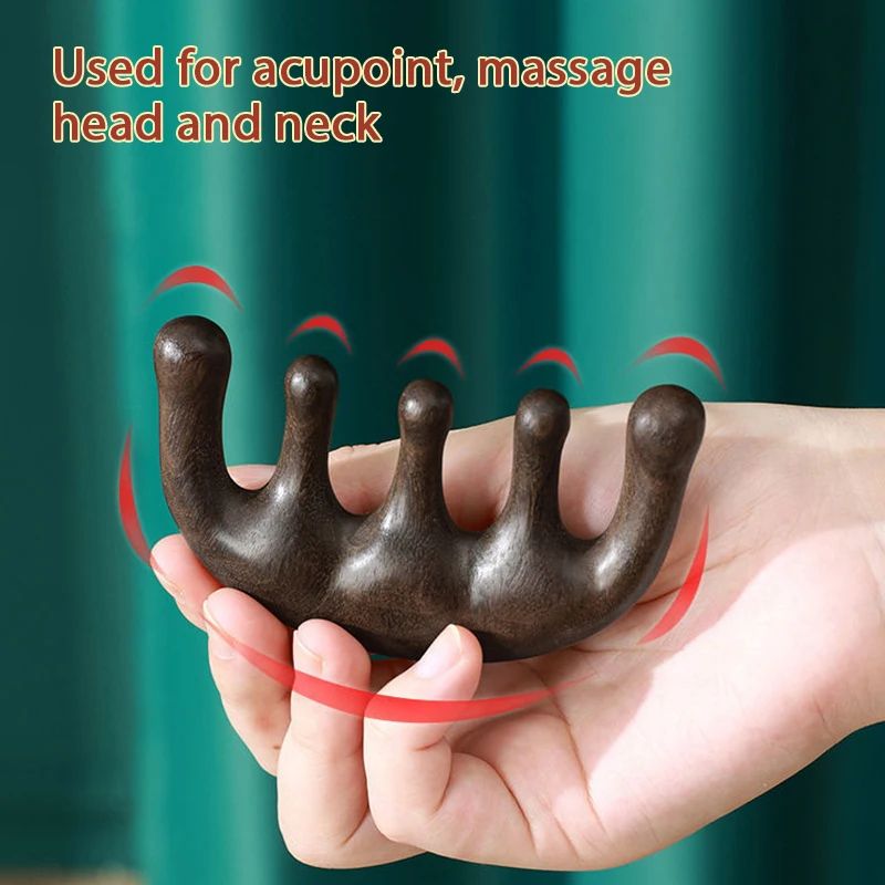 Sandalwood Meridian Massage Comb – Five-Tooth Acupuncture Scalp Comb for Blood Circulation