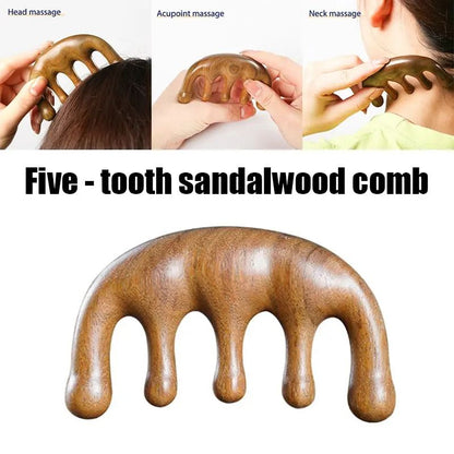 Sandalwood Meridian Massage Comb – Five-Tooth Acupuncture Scalp Comb for Blood Circulation