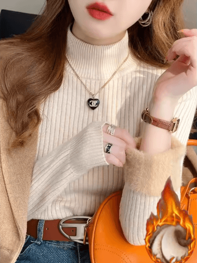 Womens Winter Turtleneck Sweater 2025 Retro Velvet Lined Thermal Knit Pullover