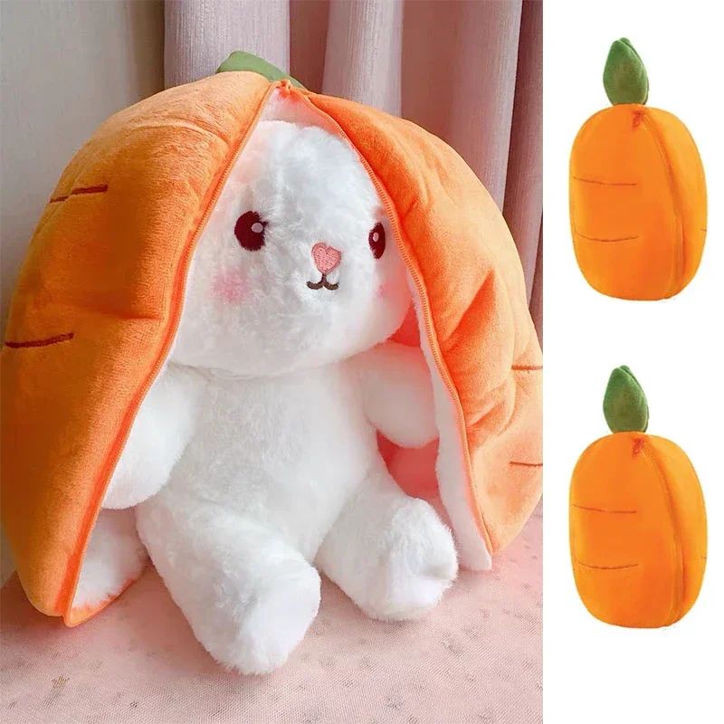 Transformable Bunny Plush Toy – Cute Strawberry & Carrot Rabbit Stuffed Doll for Kids