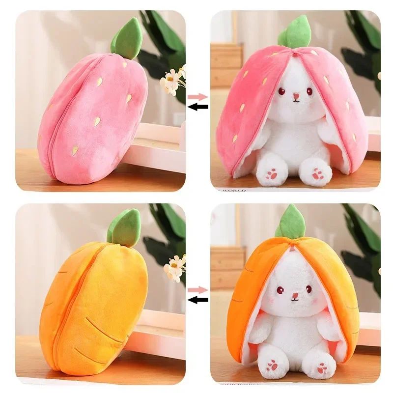Transformable Bunny Plush Toy – Cute Strawberry & Carrot Rabbit Stuffed Doll for Kids