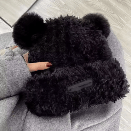 Oversized Fluffy Bear Hat Chunky Knit Fleece Lined Winter Beanie for Women
