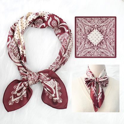 Fashion Headscarf Kerchief Bandana Shawl Square Silk-like Scarf Women Satin Cashew Flower Print Small Neck Scarf Hijab