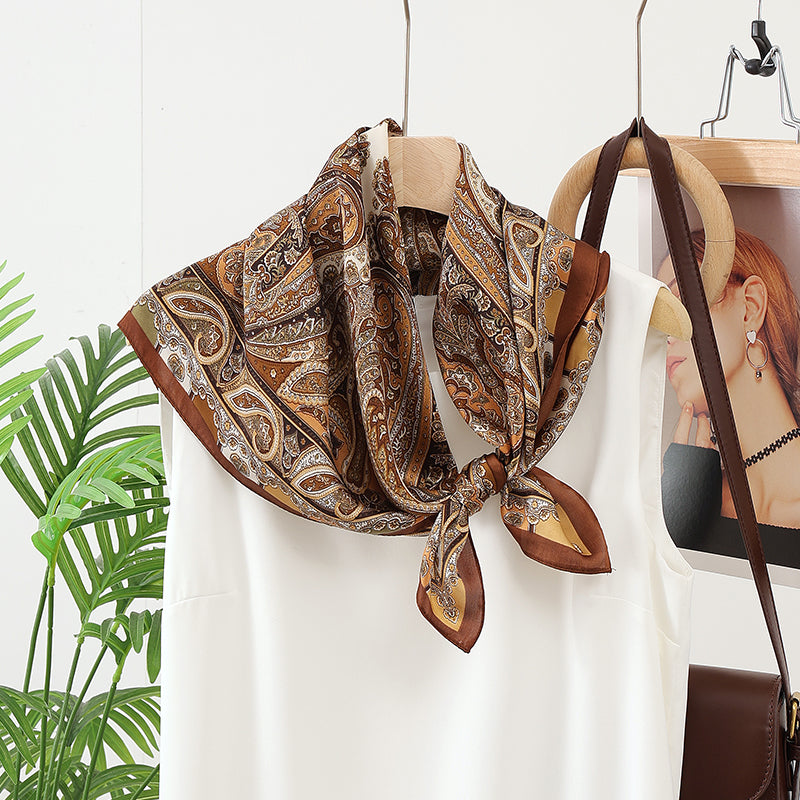 Fashion Headscarf Kerchief Bandana Shawl Square Silk-like Scarf Women Satin Cashew Flower Print Small Neck Scarf Hijab