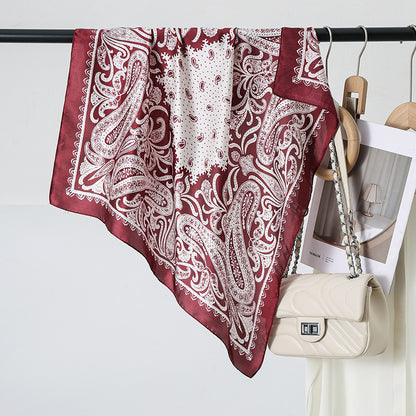 Fashion Headscarf Kerchief Bandana Shawl Square Silk-like Scarf Women Satin Cashew Flower Print Small Neck Scarf Hijab