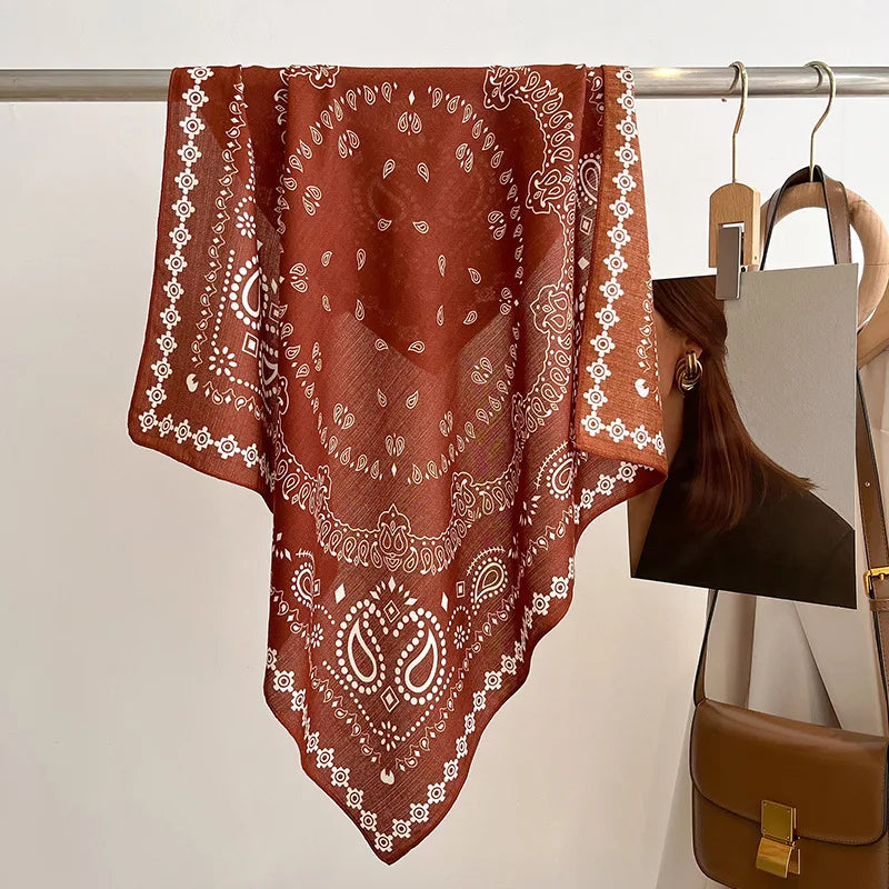 Floral Print Bandana Neck Scarfs, Luxury Cotton Headband for Women, Soft Handkerchief Hijab Scarf, Fashion Neck Scarves