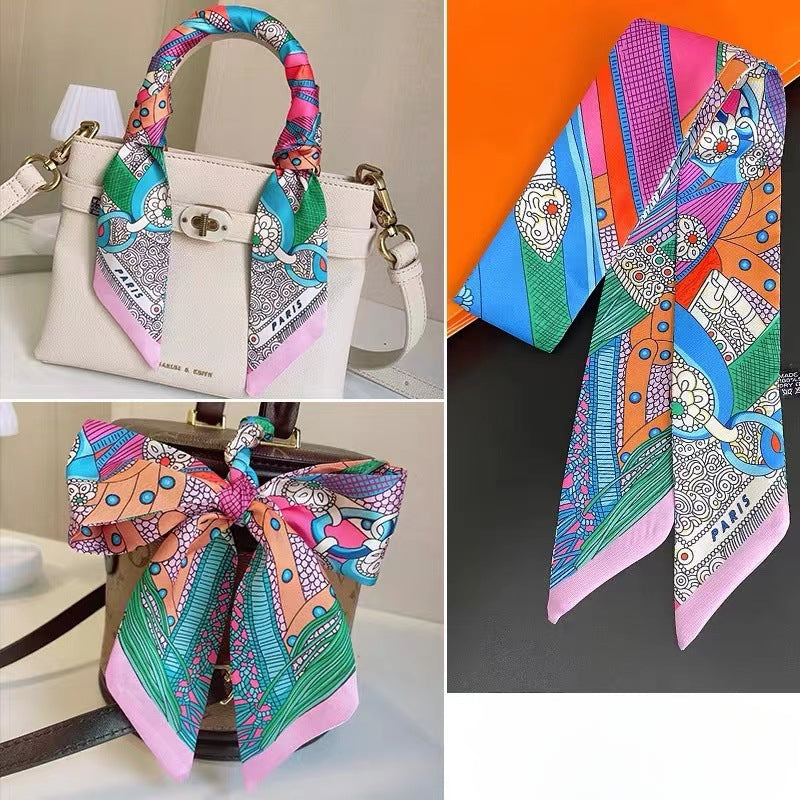Retro Printed Thin Imitation Silk Scarf for Women Spring and Autumn Clothes Bag Decoration