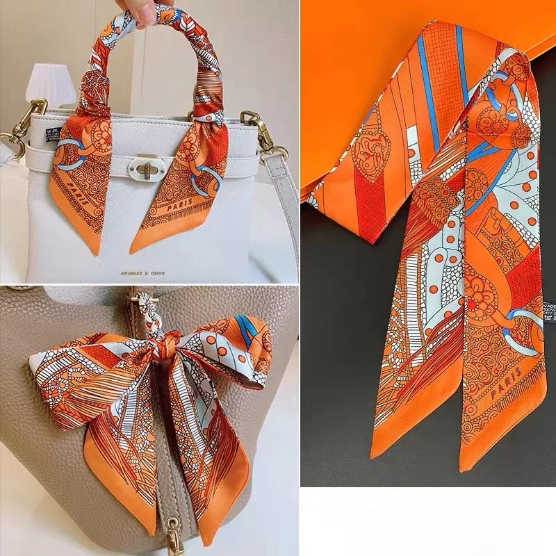 Retro Printed Thin Imitation Silk Scarf for Women Spring and Autumn Clothes Bag Decoration