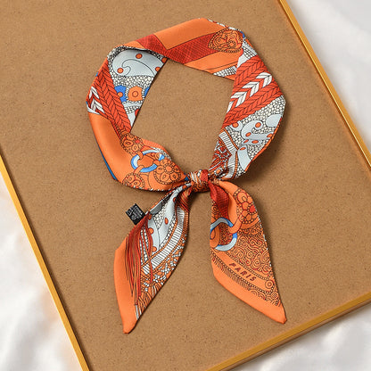 Retro Printed Thin Imitation Silk Scarf for Women Spring and Autumn Clothes Bag Decoration