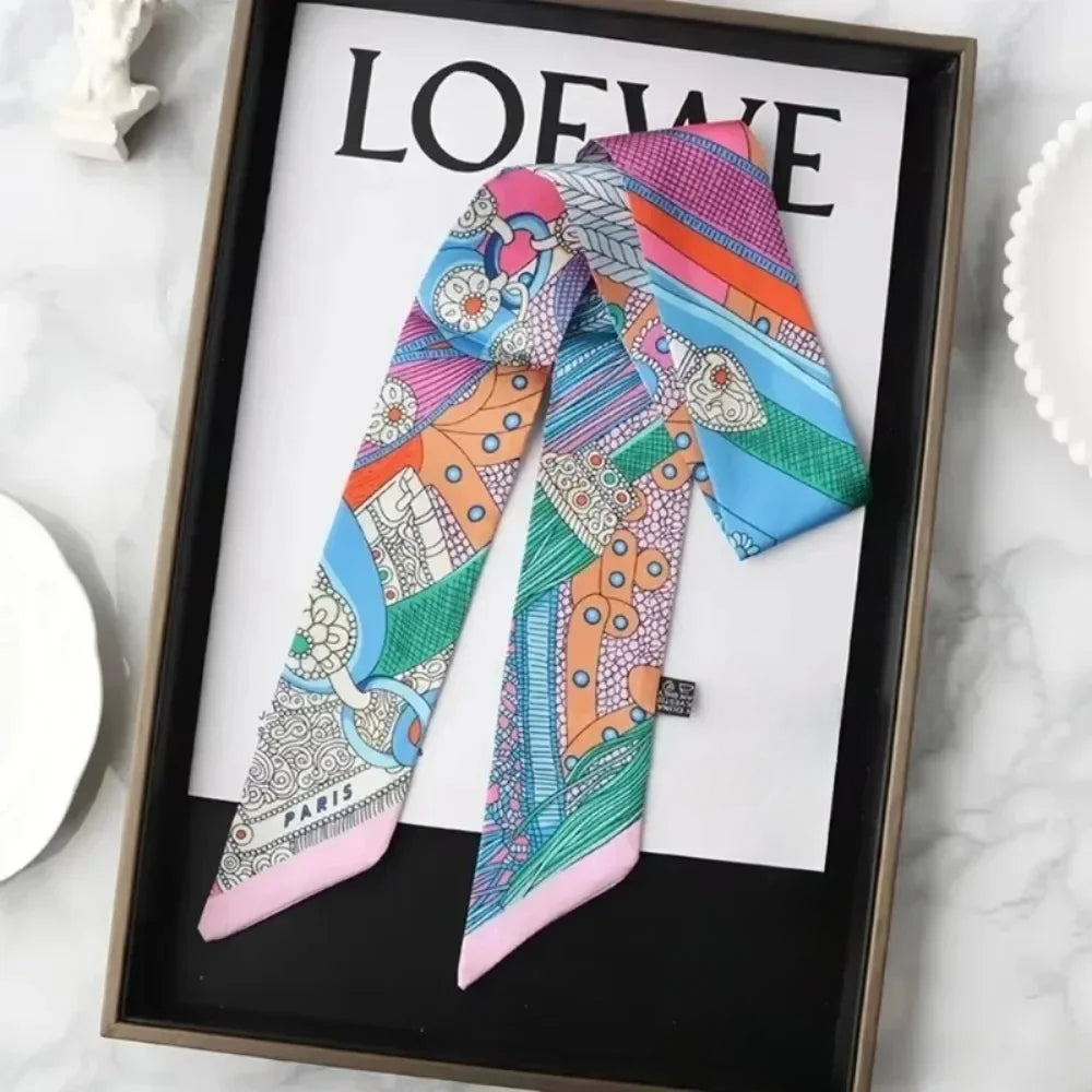 Retro Printed Thin Imitation Silk Scarf for Women Spring and Autumn Clothes Bag Decoration