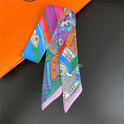 Retro Printed Thin Imitation Silk Scarf for Women Spring and Autumn Clothes Bag Decoration