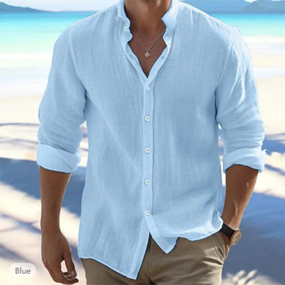 Mens Linen Stand Collar Long Sleeve Shirt (Breathable Cotton-Linen, Plus Size)