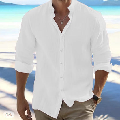 Mens Linen Stand Collar Long Sleeve Shirt (Breathable Cotton-Linen, Plus Size)