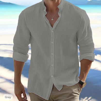 Mens Linen Stand Collar Long Sleeve Shirt (Breathable Cotton-Linen, Plus Size)