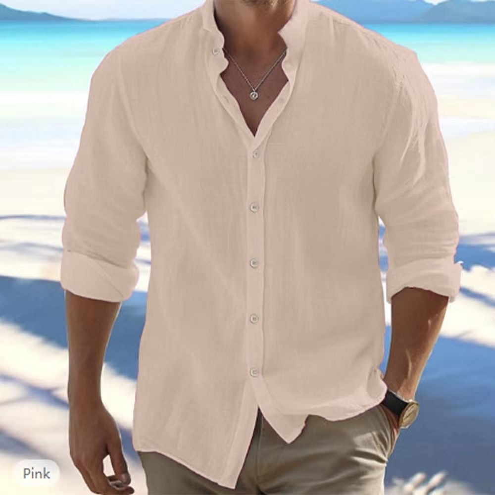 Mens Linen Stand Collar Long Sleeve Shirt (Breathable Cotton-Linen, Plus Size)