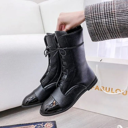 Round Toe Women Leather Lace Up Anti Slip Comfortable Booties