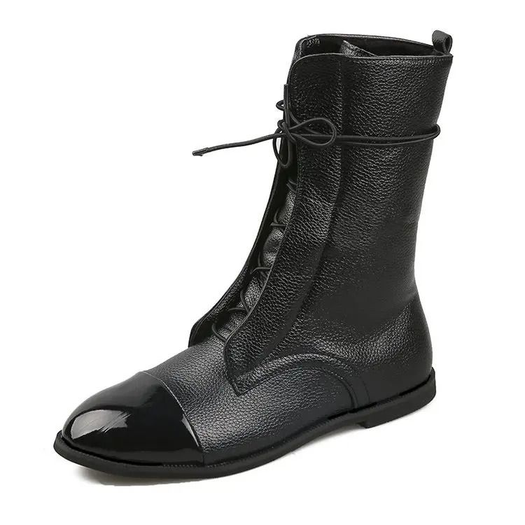 Round Toe Women Leather Lace Up Anti Slip Comfortable Booties