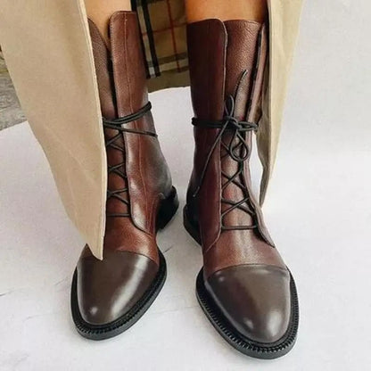 Round Toe Women Leather Lace Up Anti Slip Comfortable Booties