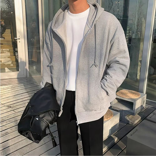 Mens high street hoodie Zip-Up Jacket (Loose Fit, Solid Color)