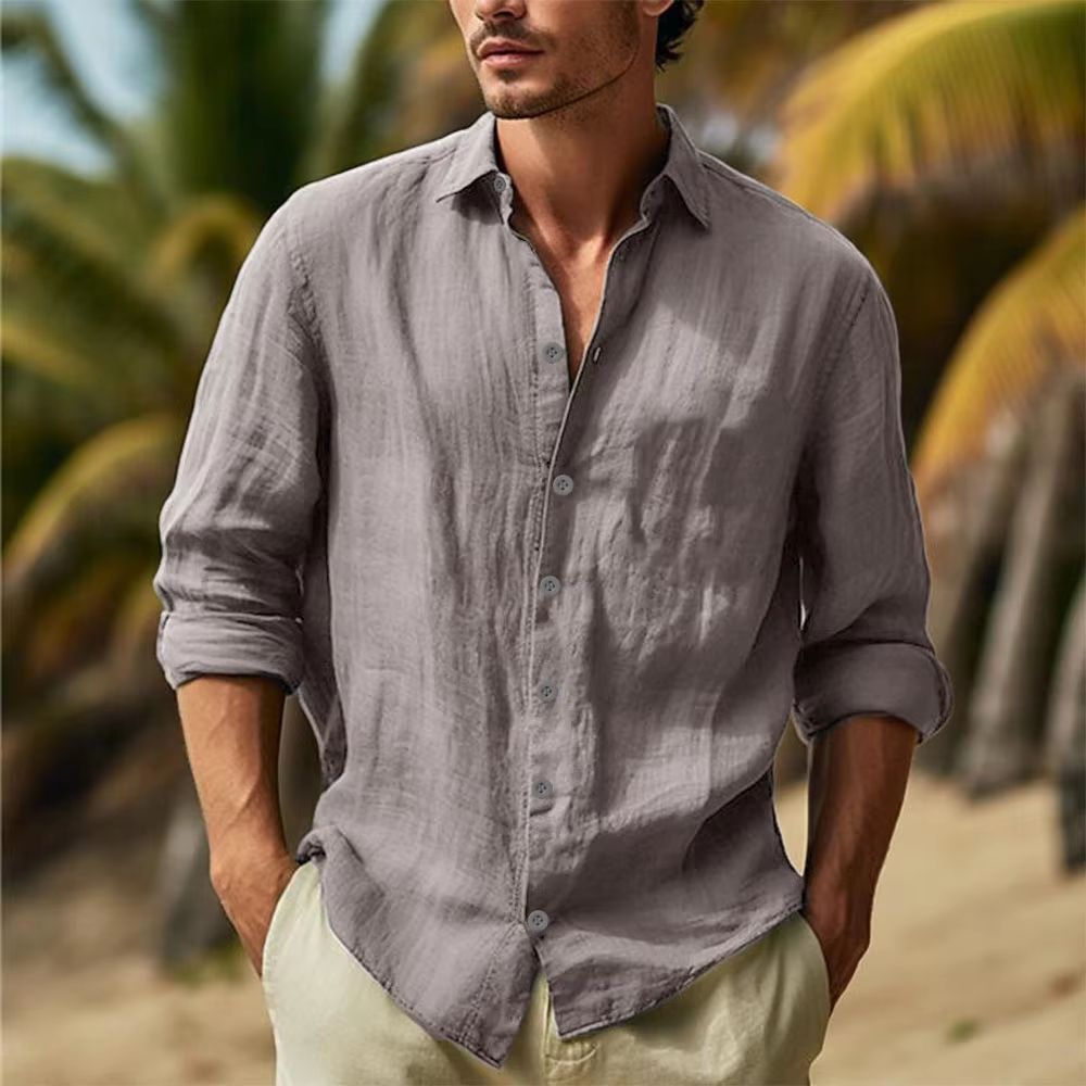 Mens Linen Shirt Cotton-Linen Button Up, Breathable Turn-Down Collar Casual Top