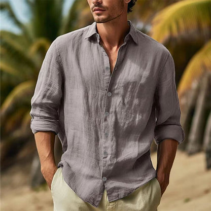 Mens Linen Shirt Cotton-Linen Button Up, Breathable Turn-Down Collar Casual Top