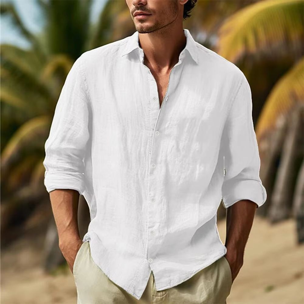 Mens Linen Shirt Cotton-Linen Button Up, Breathable Turn-Down Collar Casual Top