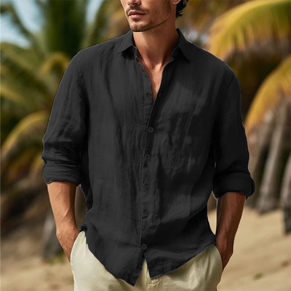 Mens Linen Shirt Cotton-Linen Button Up, Breathable Turn-Down Collar Casual Top