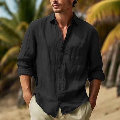 Mens Linen Shirt Cotton-Linen Button Up, Breathable Turn-Down Collar Casual Top