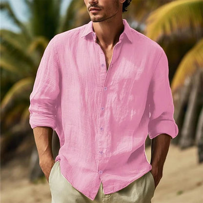 Mens Linen Shirt Cotton-Linen Button Up, Breathable Turn-Down Collar Casual Top