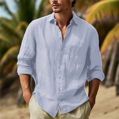 Mens Linen Shirt Cotton-Linen Button Up, Breathable Turn-Down Collar Casual Top