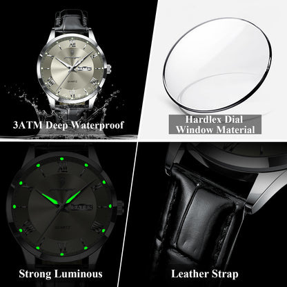 Luxury Business Wristwatch For Men, Date Week Leather Quartz Male Watch, Waterproof Luminous Fashion Men Watches