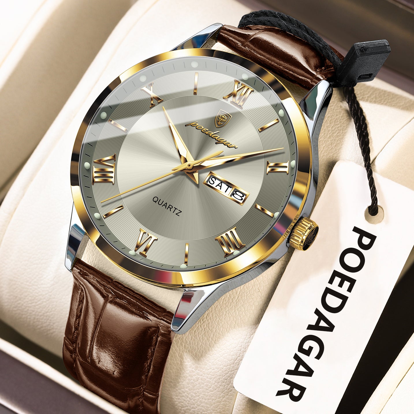 Luxury Business Wristwatch For Men, Date Week Leather Quartz Male Watch, Waterproof Luminous Fashion Men Watches