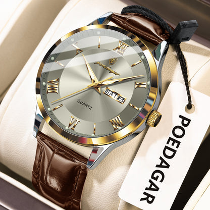 Luxury Business Wristwatch For Men, Date Week Leather Quartz Male Watch, Waterproof Luminous Fashion Men Watches