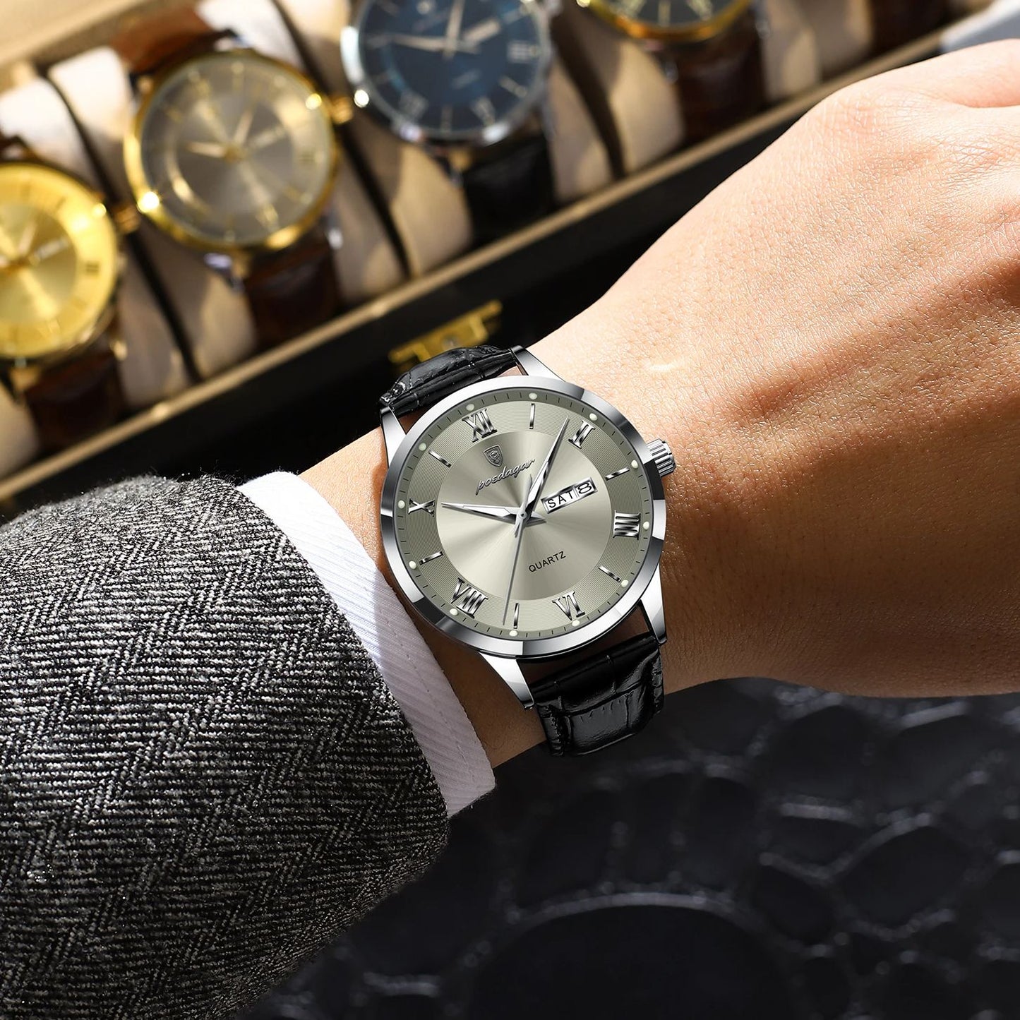 Luxury Business Wristwatch For Men, Date Week Leather Quartz Male Watch, Waterproof Luminous Fashion Men Watches