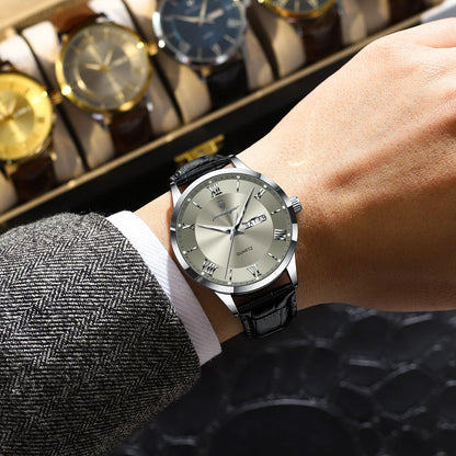 Luxury Business Wristwatch For Men, Date Week Leather Quartz Male Watch, Waterproof Luminous Fashion Men Watches