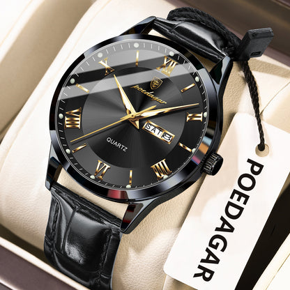 Luxury Business Wristwatch For Men, Date Week Leather Quartz Male Watch, Waterproof Luminous Fashion Men Watches